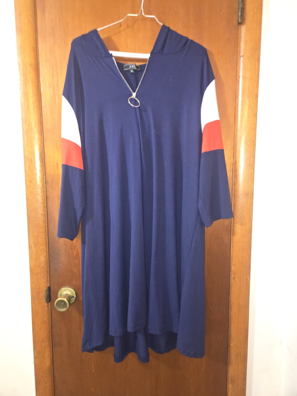 Vibe Navy Hooded A-Line Dress with Red & White Sleeve Panels